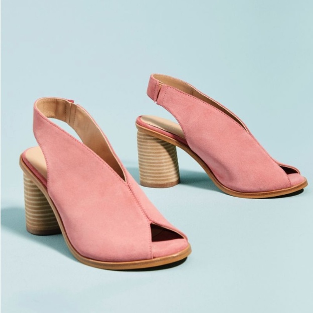 Anthropologie Pink Suede Peep-Toe Block Heel Sandals